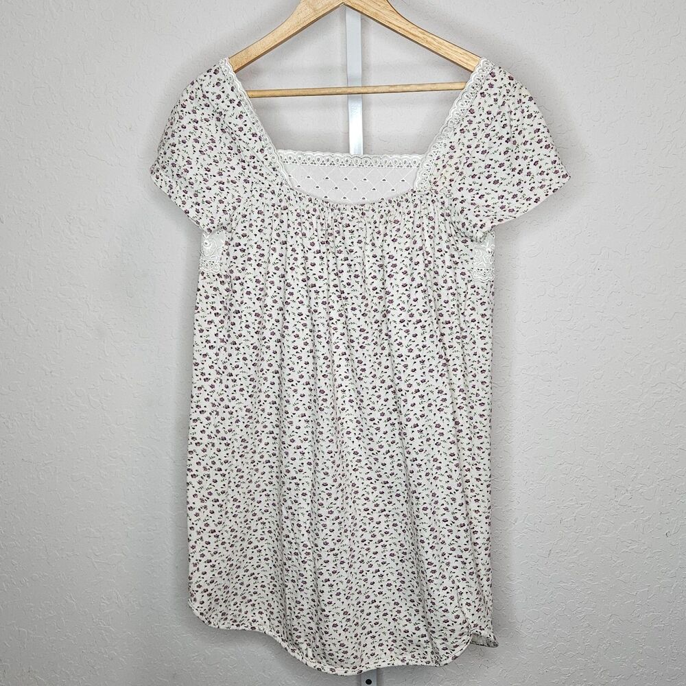 Sweet Whispers by Elan White Lace Purple Floral Cotton Night Gown Sleep Dress L - Picture 4 of 5